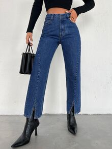 SHEIN Women High Waist Navy Blue Straight Leg Casual Jeans Dinner Winter - Medium Wash - View 7