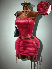 Mistrie Burgundy Crocodile Print Spaghetti Strap Bandeau Cinched Waist Top & Side Drawstring Ruched Bodycon Mini Skirt 2 Pieces Set, Sexy Party Outfit - Burgundy - View 4