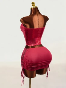 Mistrie Burgundy Crocodile Print Spaghetti Strap Bandeau Cinched Waist Top & Side Drawstring Ruched Bodycon Mini Skirt 2 Pieces Set, Sexy Party Outfit - Burgundy - View 3