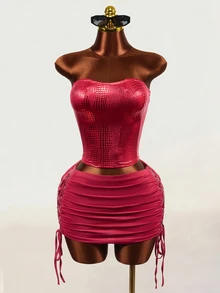 Mistrie Burgundy Crocodile Print Spaghetti Strap Bandeau Cinched Waist Top & Side Drawstring Ruched Bodycon Mini Skirt 2 Pieces Set, Sexy Party Outfit - Burgundy - View 8