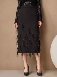 Anewsta New Fashion Elegant High-End Commuter Feather & Beaded Design Women's Skirt - Black - View 5