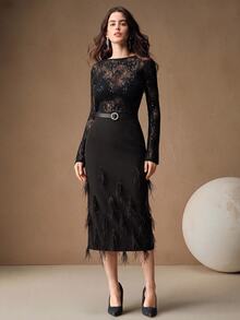 Anewsta New Fashion Elegant High-End Commuter Feather & Beaded Design Women's Skirt - Black - View 4