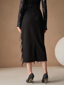 Anewsta New Fashion Elegant High-End Commuter Feather & Beaded Design Women's Skirt - Black - View 6