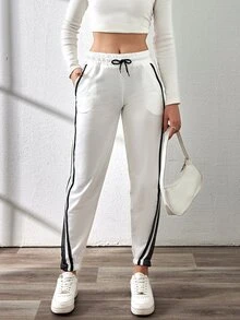 SHEIN Tall Size Women White Solid Color Casual Contrast Side Seam Drawstring Long Sweatpants - White - View 1