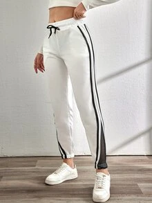 SHEIN Tall Size Women White Solid Color Casual Contrast Side Seam Drawstring Long Sweatpants - White - View 7