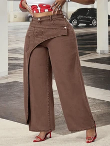 SHEIN EZwear 女款大尺碼高腰美式復古不對稱解構設計牛仔褲，新款寬鬆拖地長褲 - 棕色 - 查看 3