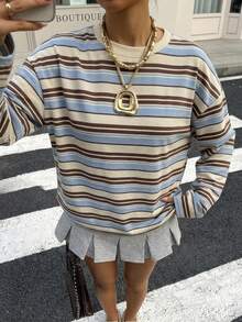 SHEIN EZwear 95%棉女款休閒寬鬆長袖T恤，女款秋冬服飾，女款返校穿搭，美式復古條紋，秋季上衣，適合日常通勤、派對、秋冬/夏季、聖誕節、新年、感恩節、派對、婚禮、海灘、畢業典禮、優雅、外出、約會、通勤、情人節、優雅、度假 - 彩色 - 查看 6