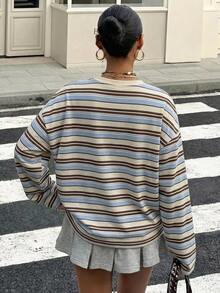 SHEIN EZwear 95%棉女款休閒寬鬆長袖T恤，女款秋冬服飾，女款返校穿搭，美式復古條紋，秋季上衣，適合日常通勤、派對、秋冬/夏季、聖誕節、新年、感恩節、派對、婚禮、海灘、畢業典禮、優雅、外出、約會、通勤、情人節、優雅、度假 - 彩色 - 查看 2