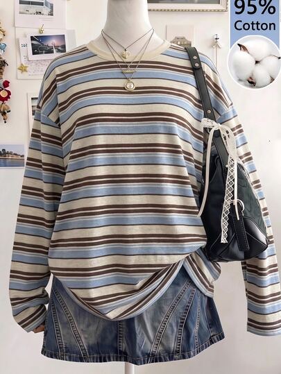 SHEIN EZwear Camiseta de manga larga holgada y casual de mujer 95% algodón, ropa de otoño/invierno para mujer, atuendo de vuelta a la escuela para mujer, estilo americano vintage a rayas, top de otoño, adecuado para uso diario, fiesta, otoño/invierno/verano, Navidad, Año Nuevo, Acción de Gracias, fiesta, boda, playa, ceremonia de graduación, elegante, salida, cita, traslado, Día de San Valentín, elegante, vacaciones