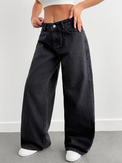 SHEIN Women Wide Leg Dark Wash Casual Streetwear Low Waist Jeans Holiday Daily Autumn