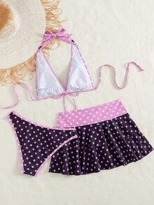 SHEIN Swim Women's Summer Beach Music Festival Flower Pattern Skirt Halter Casual Vacation Style Bikini 3-Piece Set - Multicolor - View 2
