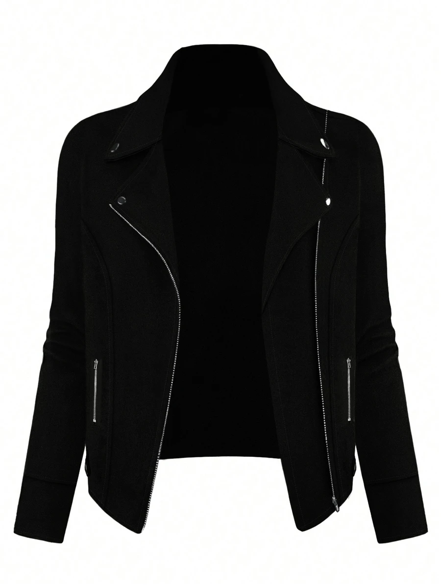 SHEIN LUNE Plus Size Women's Solid Color Zipper Front Casual Luxe Versatile Streetwear Motorcycle Style Jacket Concert Night Black Autumn Fall - Black - View 1