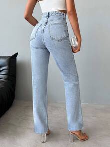 SHEIN Women High Waist Light Wash Warm Effect Comfort Casual Wide Leg Jeans - Light Wash - View 2