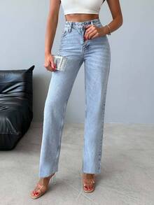 SHEIN Women High Waist Light Wash Warm Effect Comfort Casual Wide Leg Jeans - Light Wash - View 3