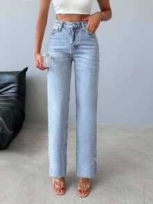 SHEIN Women High Waist Light Wash Warm Effect Comfort Casual Wide Leg Jeans - Light Wash - View 6