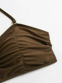 Swim Oasis 女款咖啡棕純色抹胸泳衣套裝，附網紗長裙、泳褲與曲線裙，2026夏季休閒海灘度假度假村3件套 - 棕色 - 查看 8