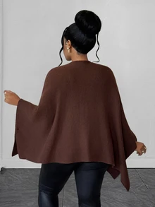 Maweii Autumn/Winter Open Collar Leather Button Decor Batwing Sleeve Brown Vintage Minimalist Elegant 2026 New Plus Size Cardigan - Brown - View 2