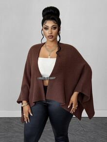 Maweii Autumn/Winter Open Collar Leather Button Decor Batwing Sleeve Brown Vintage Minimalist Elegant 2026 New Plus Size Cardigan - Brown - View 5