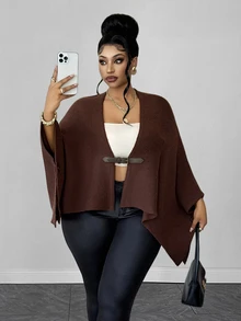 Maweii Autumn/Winter Open Collar Leather Button Decor Batwing Sleeve Brown Vintage Minimalist Elegant 2026 New Plus Size Cardigan - Brown - View 3