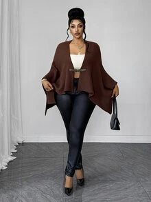 Maweii Autumn/Winter Open Collar Leather Button Decor Batwing Sleeve Brown Vintage Minimalist Elegant 2026 New Plus Size Cardigan - Brown - View 6