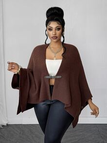 Maweii Autumn/Winter Open Collar Leather Button Decor Batwing Sleeve Brown Vintage Minimalist Elegant 2026 New Plus Size Cardigan - Brown - View 4