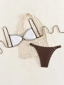 SHEIN Swim 春夏波點印花比基尼女款海灘度假泳衣 性感海灘雙肩帶泳衣 - 咖啡棕 - 查看 2