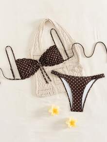 SHEIN Swim 春夏波點印花比基尼女款海灘度假泳衣 性感海灘雙肩帶泳衣 - 咖啡棕 - 查看 6