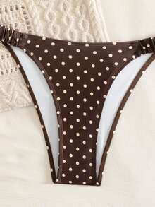 SHEIN Swim 春夏波點印花比基尼女款海灘度假泳衣 性感海灘雙肩帶泳衣 - 咖啡棕 - 查看 5