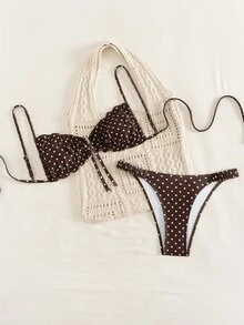 SHEIN Swim 春夏波點印花比基尼女款海灘度假泳衣 性感海灘雙肩帶泳衣 - 咖啡棕 - 查看 3