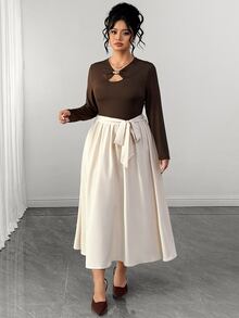 Elenzga Plus Size Women's Fashion Elegant Brown Hollow Neckline Metal Decor Long Sleeve Bowknot Waist A-Line Mid-Length Spring Autumn Dress Fall Office Party - Apricot - View 5