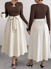 Elenzga Plus Size Women's Fashion Elegant Brown Hollow Neckline Metal Decor Long Sleeve Bowknot Waist A-Line Mid-Length Spring Autumn Dress Fall Office Party - Apricot - View 1