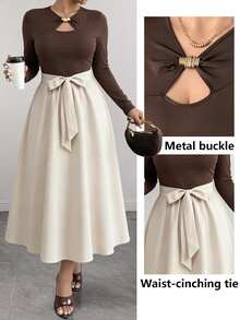 Elenzga Plus Size Women's Fashion Elegant Brown Hollow Neckline Metal Decor Long Sleeve Bowknot Waist A-Line Mid-Length Spring Autumn Dress Fall Office Party - Apricot - View 3