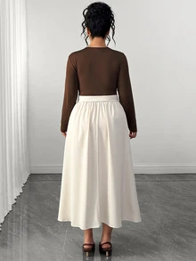 Elenzga Plus Size Women's Fashion Elegant Brown Hollow Neckline Metal Decor Long Sleeve Bowknot Waist A-Line Mid-Length Spring Autumn Dress Fall Office Party - Apricot - View 2