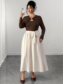 Elenzga Plus Size Women's Fashion Elegant Brown Hollow Neckline Metal Decor Long Sleeve Bowknot Waist A-Line Mid-Length Spring Autumn Dress Fall Office Party - Apricot - View 4