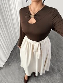 Elenzga Plus Size Women's Fashion Elegant Brown Hollow Neckline Metal Decor Long Sleeve Bowknot Waist A-Line Mid-Length Spring Autumn Dress Fall Office Party - Apricot - View 7