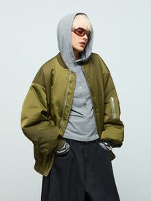 COUREZ Oversized Padded Bomber Flight Jacket / Y2K Winter Coat Padded Bomber Fall Winte Coat Jacket Fall Winter Outfit Nylon Tech Gorpcore - Army Green - View 3