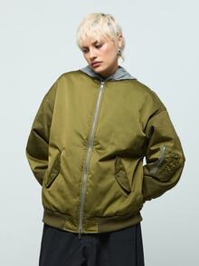 COUREZ Oversized Padded Bomber Flight Jacket / Y2K Winter Coat Padded Bomber Fall Winte Coat Jacket Fall Winter Outfit Nylon Tech Gorpcore - Army Green - View 4