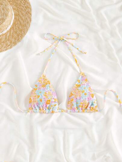 Swim Mod Traje de baño: Parte superior de bikini con diseño de cuello de halter, escote pronunciado, espalda descubierta, lazo en la espalda, para la playa y el verano
