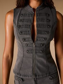 Opulessa Casual Vintage Solid Color Women's Zipper Front Vest Jacket Halloween Night Dark Grey Summer - Grey - View 7