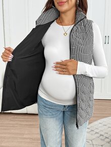 SHEIN Maternity Plaid Sleeveless 3-In-1 Jacket,Maternity 3-In-1 Winter Coat With Fleece Lining – Black & White Fine Check Pattern - Black - View 7