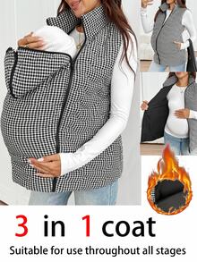 SHEIN Maternity Plaid Sleeveless 3-In-1 Jacket,Maternity 3-In-1 Winter Coat With Fleece Lining – Black & White Fine Check Pattern - Black - View 1