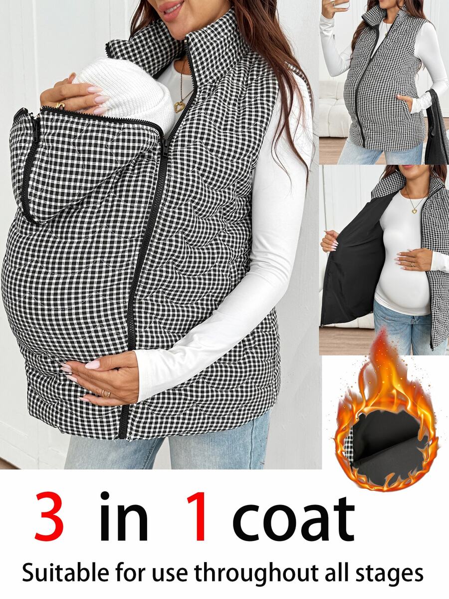 SHEIN Maternity Plaid Sleeveless 3-In-1 Jacket,Maternity 3-In-1 Winter Coat With Fleece Lining – Black & White Fine Check Pattern - Black - View 1