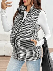 SHEIN Maternity Plaid Sleeveless 3-In-1 Jacket,Maternity 3-In-1 Winter Coat With Fleece Lining – Black & White Fine Check Pattern - Black - View 9
