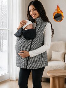 SHEIN Maternity Plaid Sleeveless 3-In-1 Jacket,Maternity 3-In-1 Winter Coat With Fleece Lining – Black & White Fine Check Pattern - Black - View 3