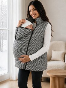 SHEIN Maternity Plaid Sleeveless 3-In-1 Jacket,Maternity 3-In-1 Winter Coat With Fleece Lining – Black & White Fine Check Pattern - Black - View 4