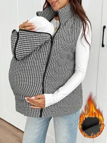 SHEIN Maternity Plaid Sleeveless 3-In-1 Jacket,Maternity 3-In-1 Winter Coat With Fleece Lining – Black & White Fine Check Pattern - Black - View 10