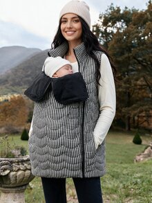 SHEIN Maternity Plaid Sleeveless 3-In-1 Jacket,Maternity 3-In-1 Winter Coat With Fleece Lining – Black & White Fine Check Pattern - Black - View 5
