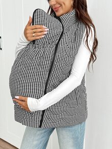 SHEIN Maternity Plaid Sleeveless 3-In-1 Jacket,Maternity 3-In-1 Winter Coat With Fleece Lining – Black & White Fine Check Pattern - Black - View 8