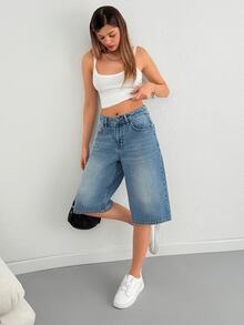 SHEIN شورت جينز كاجوال للنساء بخصر عالي وطول متوسط وغسيل متوسط - أزرق متوسط - مشاهدة 6