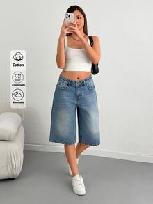 SHEIN شورت جينز كاجوال للنساء بخصر عالي وطول متوسط وغسيل متوسط - أزرق متوسط - مشاهدة 9